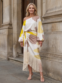 Lily | Abito midi chic e comodo con stampa astratta e spalle scoperte