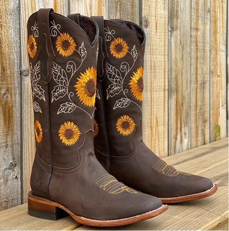 Lydia | Bottes de cowboy western charmantes brodées de tournesols