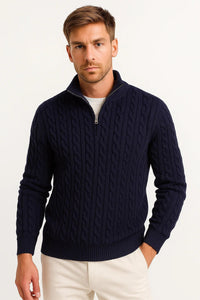Michael | Eleganter und klassischer Zopfstrickpullover mit Viertelreißverschluss