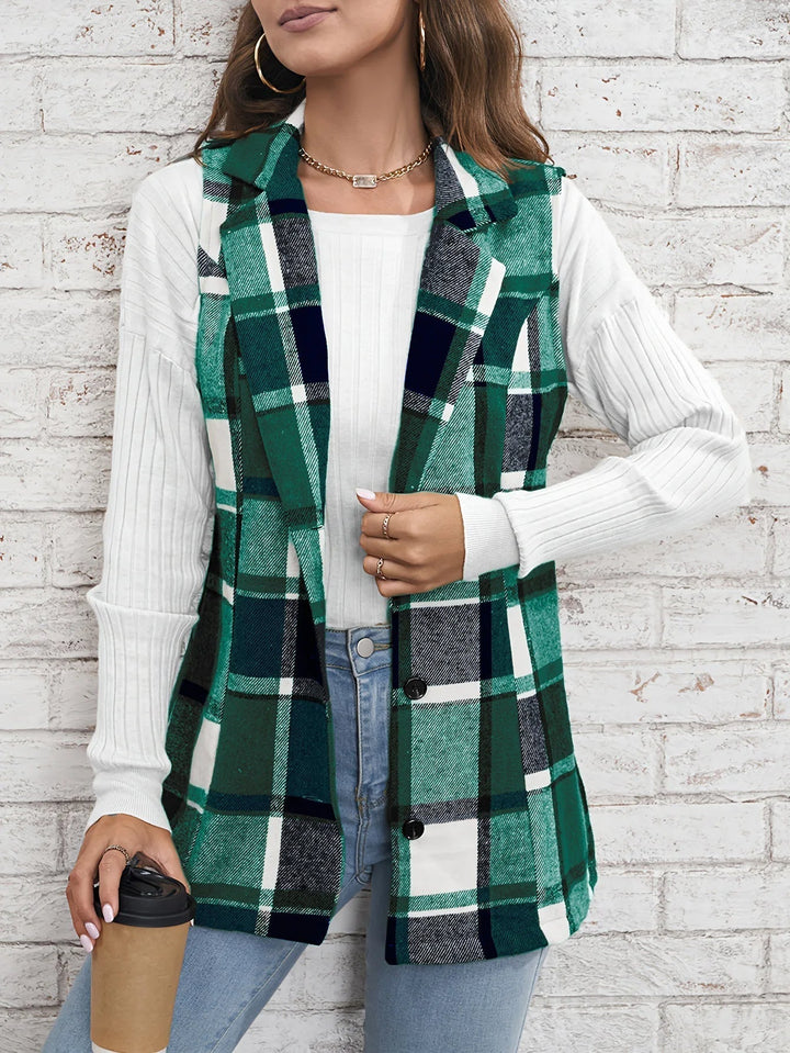 Nora | Gilet sans manches long élégant à carreaux, en mélange de laine