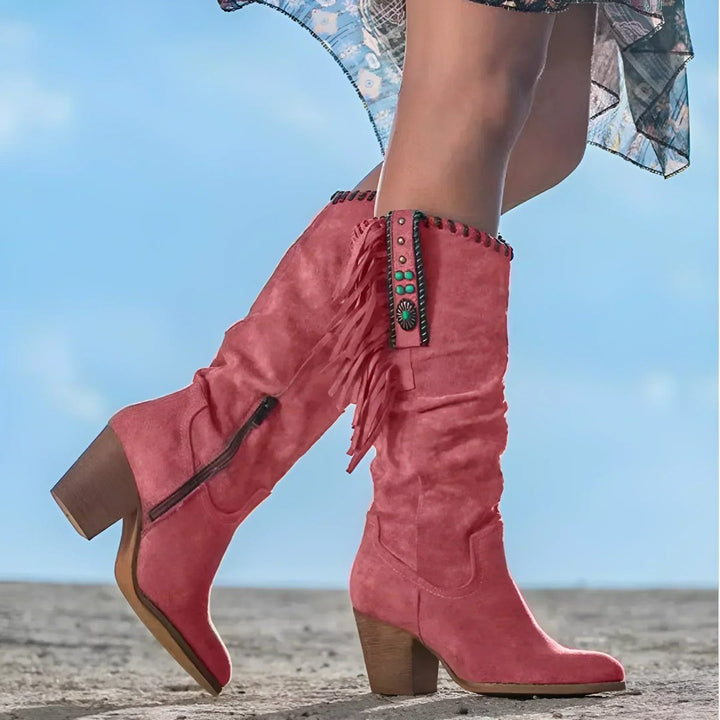 Evelyn | Stilvolle böhmische kniehohe Fransenstiefel aus Veloursleder