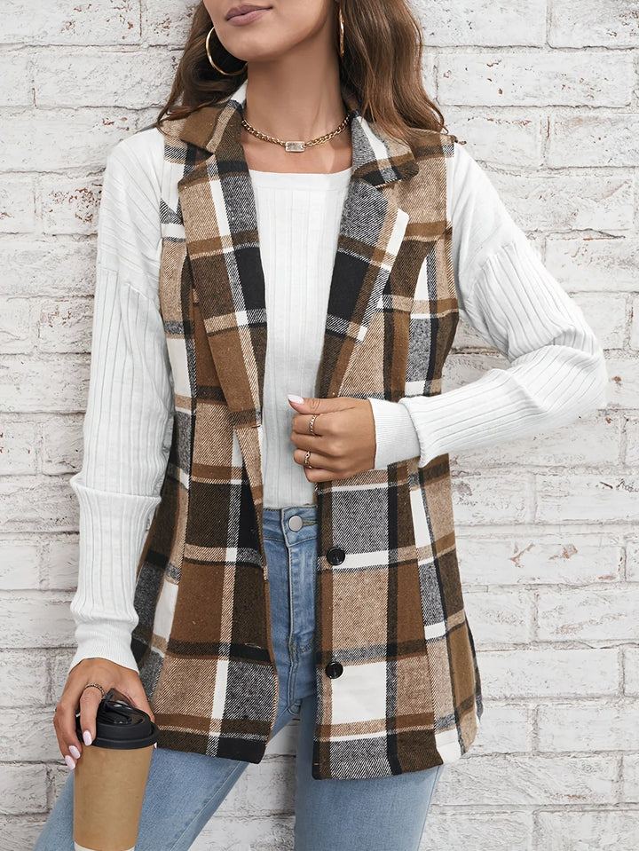 Nora | Gilet sans manches long élégant à carreaux, en mélange de laine