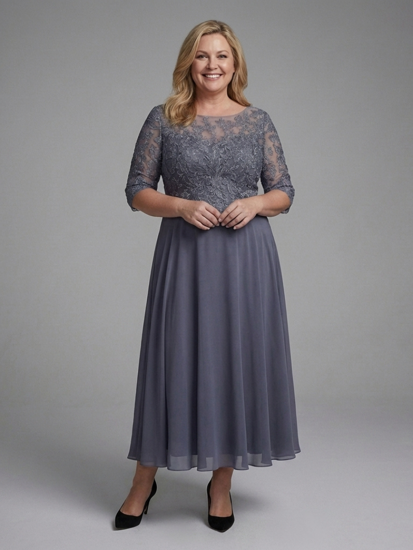Olivine | Lace Midi Dress – Sheer Sleeves for Women