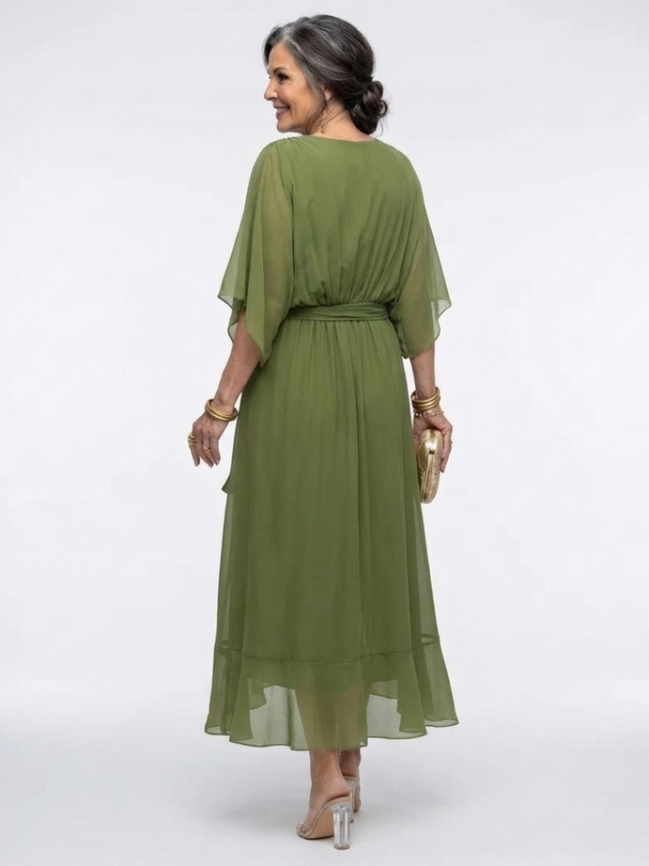 Elysia | Midi Dress – Elegant V Neck with Waist Tie