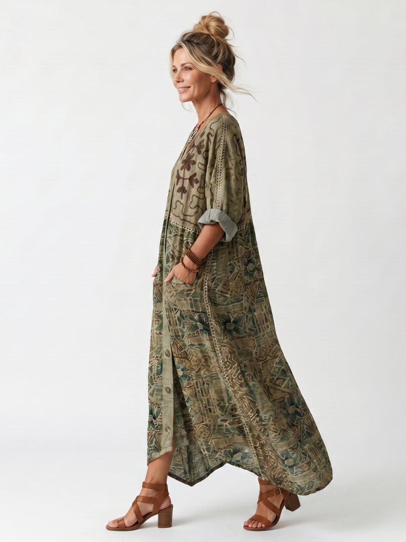 Aleta | Midi Dress – Embroidered Button Front with Pockets