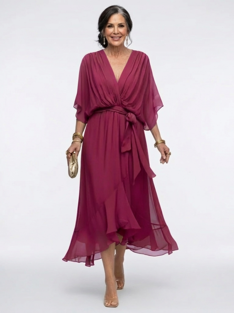 Elysia | Midi Dress – Elegant V Neck with Waist Tie